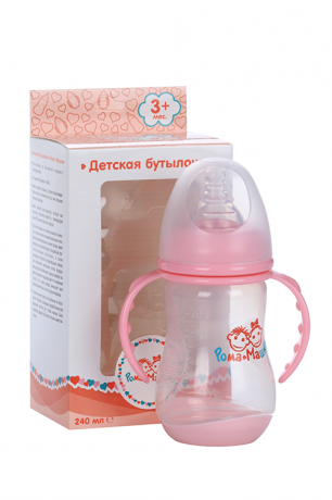 Рома+Машка бутылочка с широким горлышком с ручками, розового цвета, дно-индикатор, 240 мл, 1 шт.