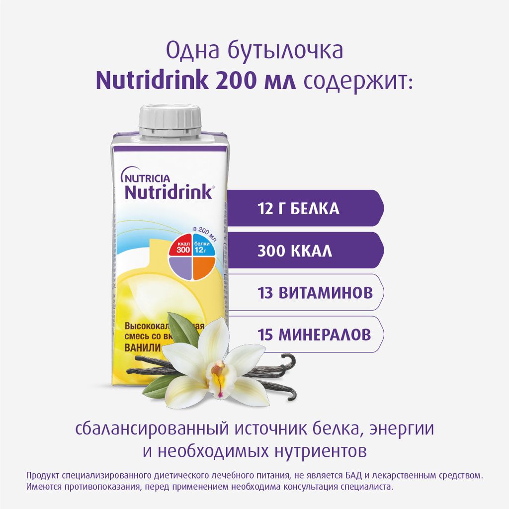 Nutridrink, лечебное диетическое высококалорийное питание, со вкусом ванили, 200 мл, 1 шт.