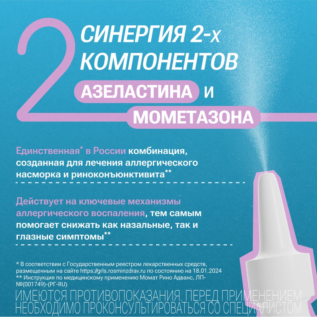 Момат Рино Адванс, 140 мкг+50 мкг/доза, 75 доз, спрей назальный дозированный, 1 шт.